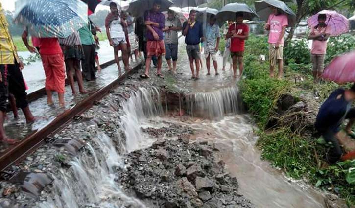 Rail tracks collapse due to flood in Rangpur