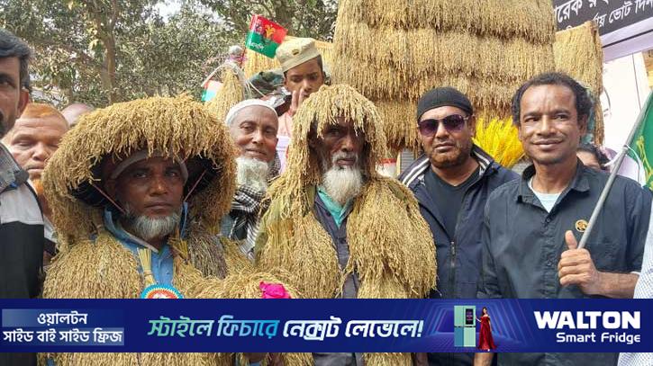 ১৩ কেজি ধানের শীষ গায়ে জড়িয়ে জনসভায় চা বিক্রেতা